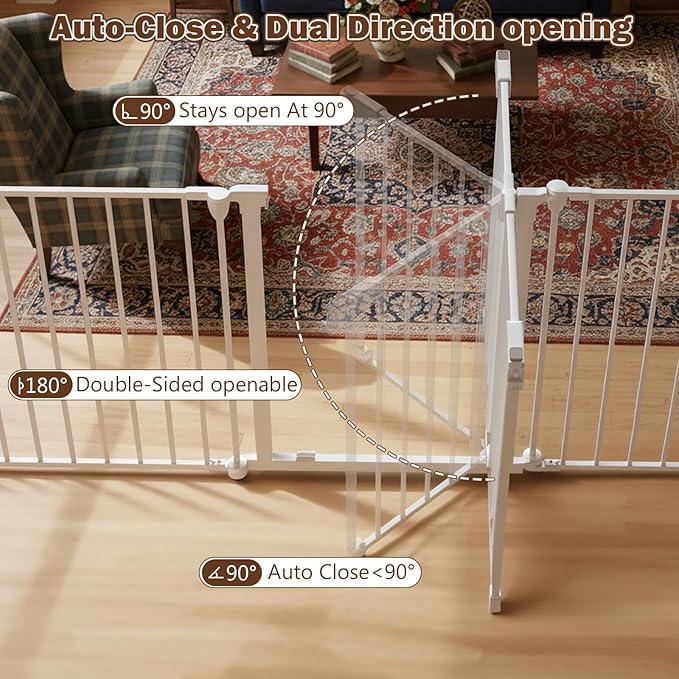 Mumeasy 126" Extra Wide Baby Gate for Doorways, Stairs & Fireplace, Auto Close Safety Dog & Pet Gate with Walk Thru Door, Childproof Fence for Hallway Kitchen House Indoor Outdoor,5 Metal Panels,White
