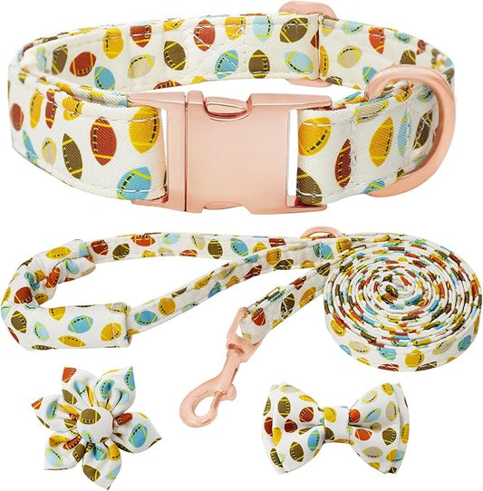 Dog Collar and Leash Set Girls Adjustable Puppy Collars with Floral Bow Tie for Small Medium Large Female Dogs, Rugby, XS
