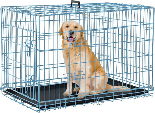 Dog Crate for Large Medium Dogs Folding Dog Kennel Cage with Plastic Tray & Divider 48" Indoor Outdoor Metal Double Door Pet Playpen Heavy Duty Dog Pen Enclosure Blue