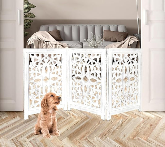 Lightnpro Foldable Carved Wooden Dog Gate - Freestanding Indoor Pet Safety Barrier, Adjustable Decorative Dog Fence for Stairs, Doorways & Hallways - 24x18 Inch Antique White
