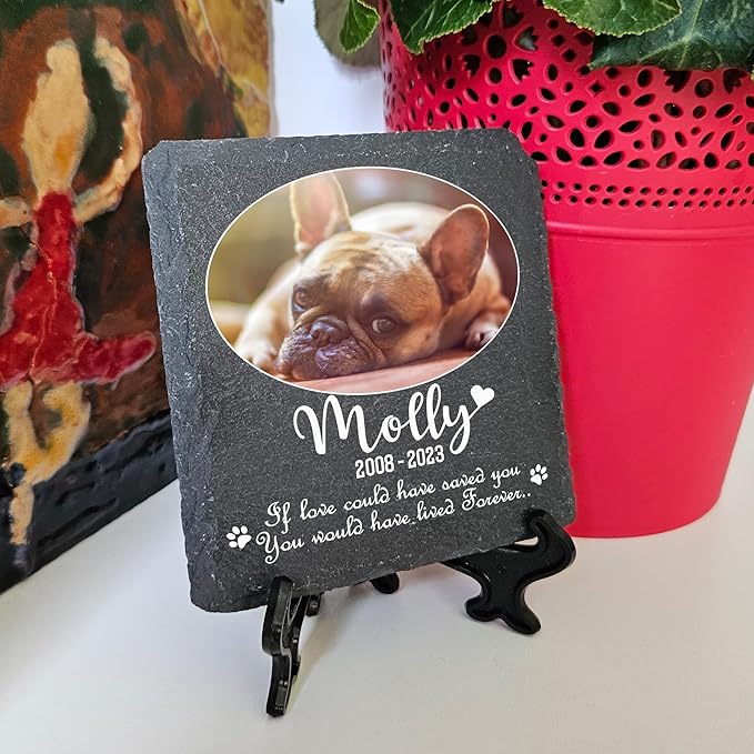 Personalized Individual Square Memorial Plaque + Stand for Pet Cat Dog Slate Stone Frame Paw Grave Marker - Size 3.94" x 3.94" or 100 x 100 mm - Oval Photo