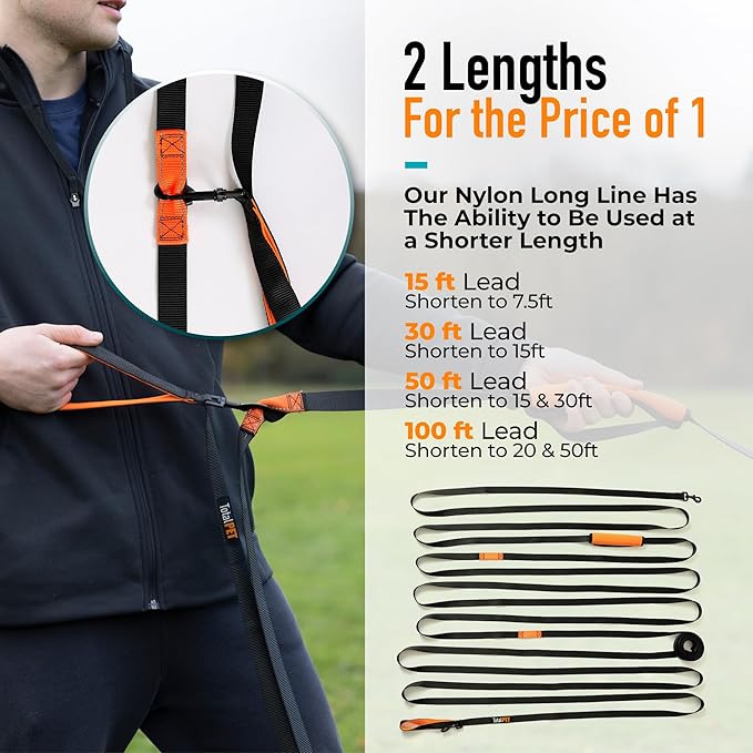 50ft Long Leash for Dogs - Long Line Dog Leash for Training Recall/Commands at Distance - Nylon, Heavy Duty - Ideal for Large & Small Breeds