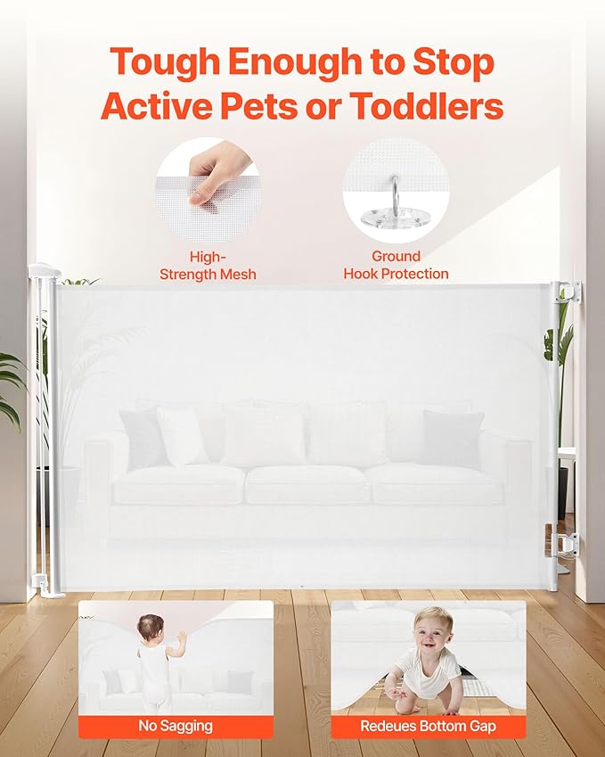 VEVOR Retractable Baby Gate, Extends to 57 inch Wide, 38.5 inch Tall, with Security Lock, Easy to Use, Walk Through Without Tripping, Mesh Dog Gate for Stairs, Hallways, Indoor/Outdoor, White