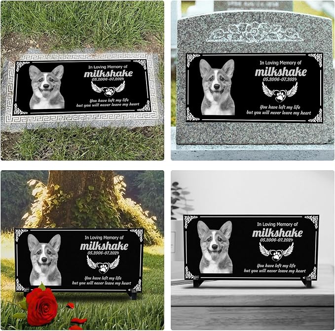 Generic Personalized Pet Memorial Stones,Dog Headstones, Cat Tombstone Outdoor, Black Granite Memorial Garden Stone Engraved with Photo, Pet Headstone Sympathy Gifts (for Pets) (dog)