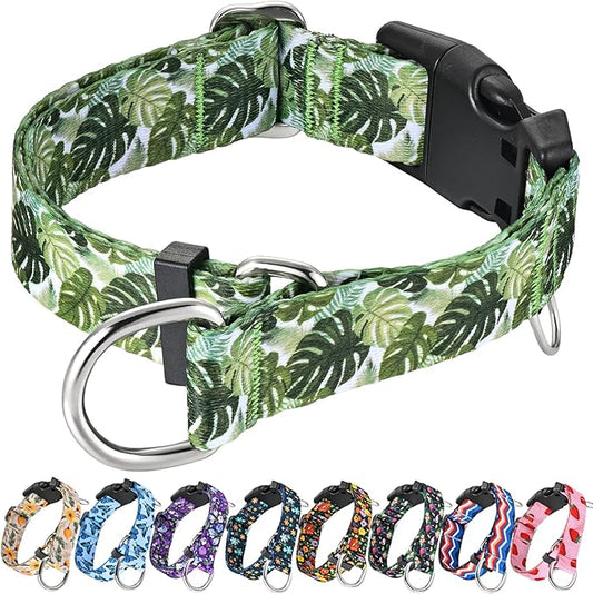 Martingale Collar for Dogs with Buckle Adjustable Nylon Tropical Slip No Pull Training Dog Collars (Palm Leaf, Large)