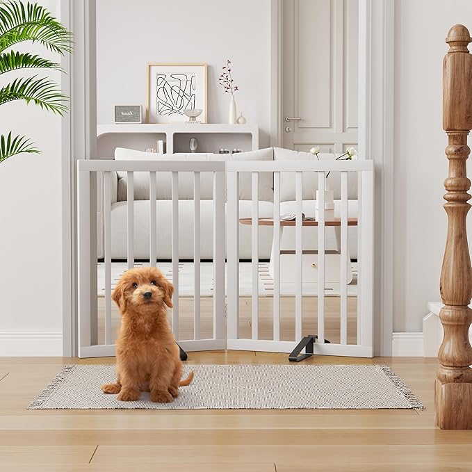 Semiocthome Bamboo Dog Gates Indoor 2-Panel Freestanding Puppy Gates for The House with 2 Metal Stands 24" H Folding Wood Pet Gate for Stairs Doorway, Fully Assembled Safety Fence - White