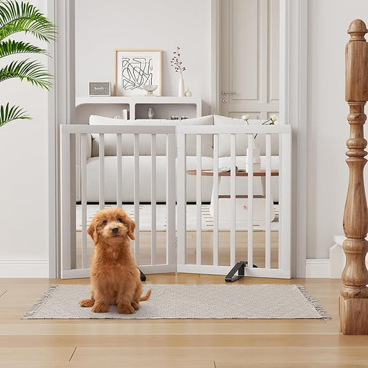 Semiocthome Bamboo Dog Gates Indoor 2-Panel Freestanding Puppy Gates for The House with 2 Metal Stands 24" H Folding Wood Pet Gate for Stairs Doorway, Fully Assembled Safety Fence - White
