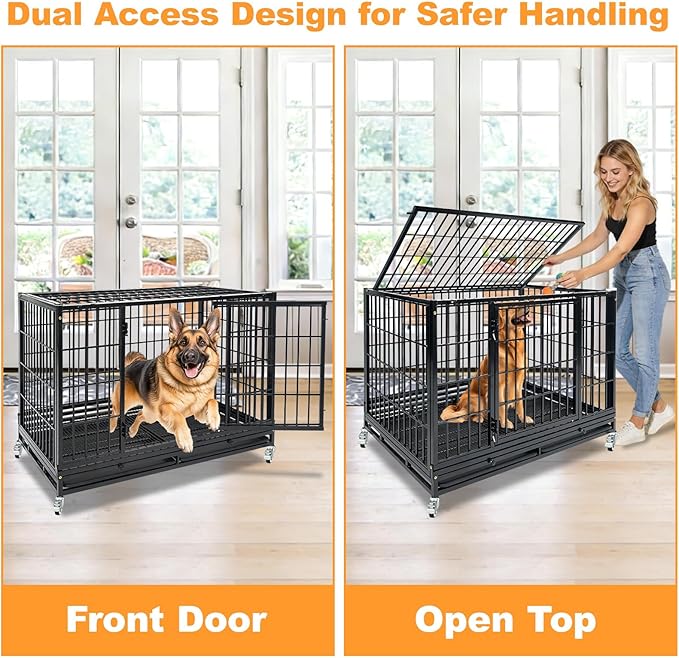 Homey Pet Heavy Duty Dog Crates for Large Dogs, 47 Inch Stackable Large Dog Crate Cage with 4 Wheels, 2 Removable Trays and Grids, 2 Bowls, Multi Locks Strong & Solid Escape Proof Dogs Kennel Indoor