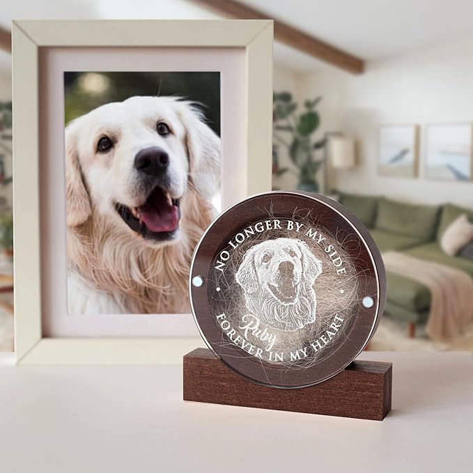 Personalized Pet Hair Keepsake Box for Dog and Cat Fur - Engraved Wood Memorial Box - Unique Customized Gift for Loss of Furry Friend Wooden (Dark Round Wood/Acrylic Lid, With Photo)
