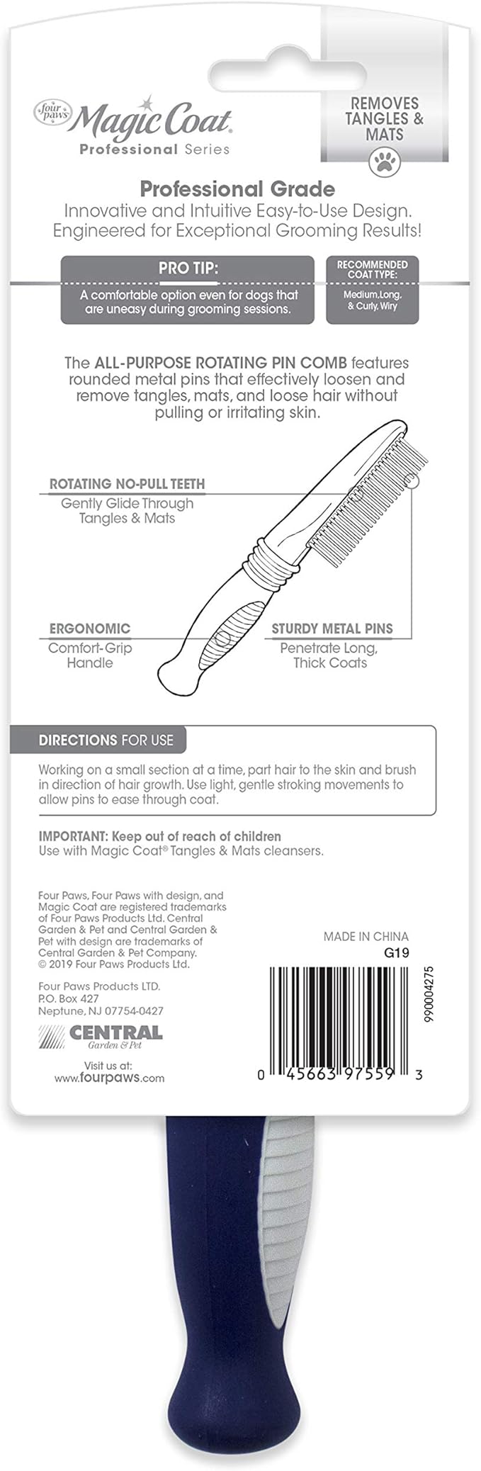 Four Paws Magic Coat Professional Series All-Purpose Rotating Pin Comb for Dogs