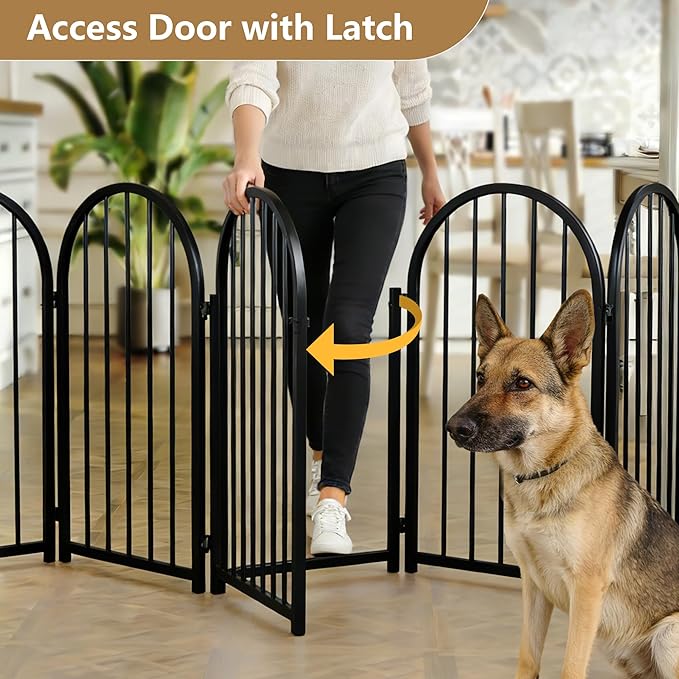 Full Metal Dog Gate with Door for Indoor Outdoor, 24" Tall Free Standing Pet Dog Fence, 108" Extra Wide Pet Gates for Stairs, Hallways, Doorways, Kitchen, Decks, Yards (Black, 6 Panels)