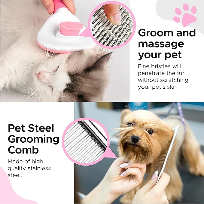 Pet Grooming Kit with Brushes, Grooming Loop Leash, Apron, Dematting Comb, Slicker Brush, Dog Bath Brush - Blue - For Short Haired Dogs
