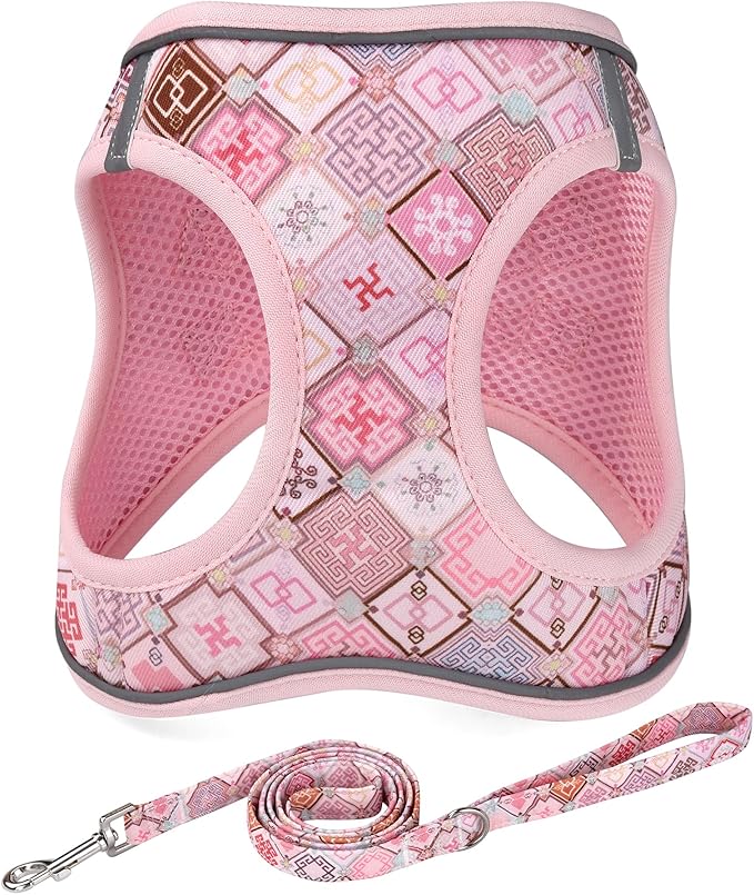Step in Dog Harness and Leash Set, Reflective Adjustable No Pull Dog Harness for Small Medium Dogs Puppy and Cats, Soft Padded Mesh Vest Harnesses for Girl and Boy Pets(Pink Grid,L)