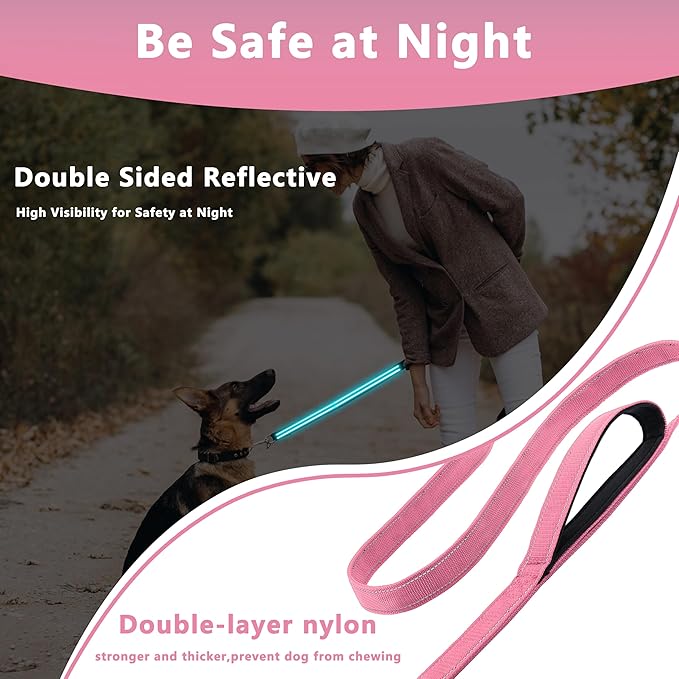 Dog Leash 6ft Long, Double Handle Dog Leash for Safety Control Training, Heavy Duty Dog Leads with Traffic Padded Handles, Reflective Leashes for Small Medium Large Dogs(6ft, Pink)