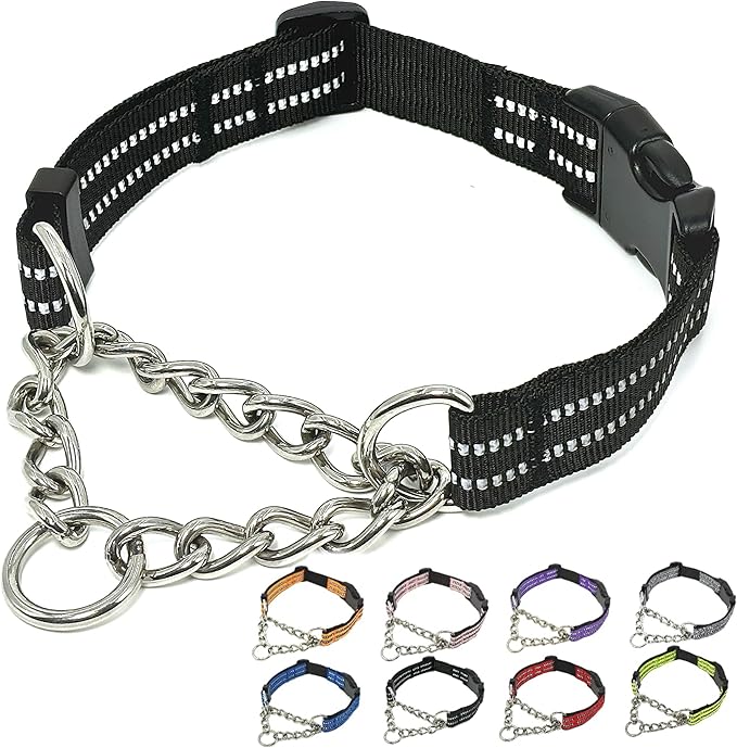 Martingale Dog Collars, Reflective Nylon Collar with Stainless Steel Chain, Adjustable Walking Training Dog Collars with Quick Release Buckle, Suitable for Small Medium Large Dogs(Black,L)