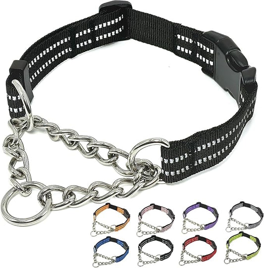 Martingale Dog Collars, Reflective Nylon Collar with Stainless Steel Chain, Adjustable Walking Training Dog Collars with Quick Release Buckle, Suitable for Small Medium Large Dogs(Black,XL)