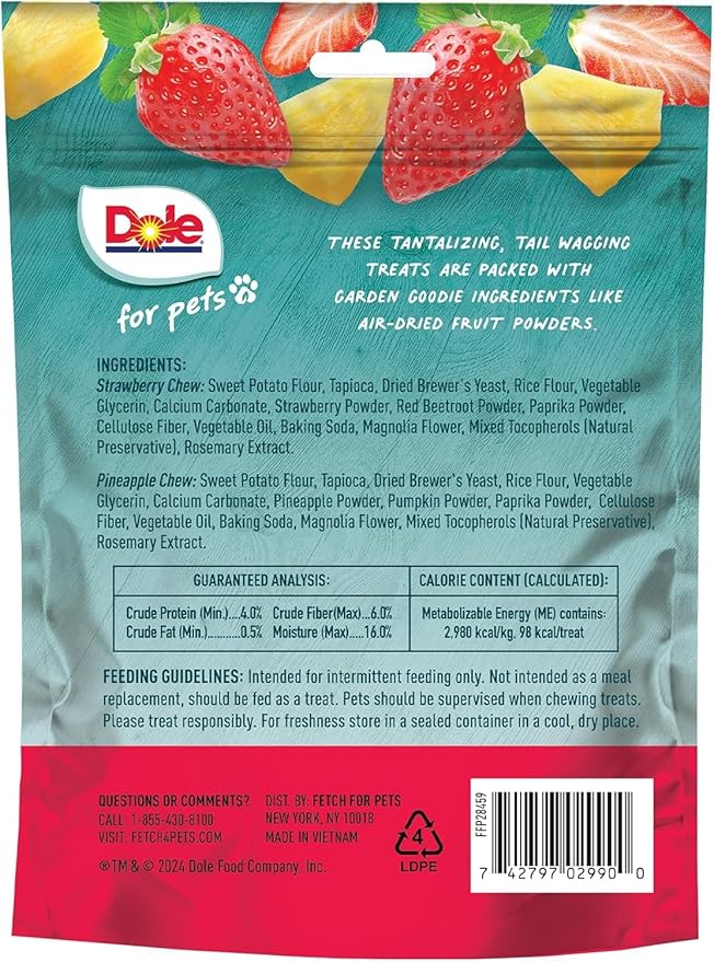 Dole for Pets Dog Chews, Assorted Strawberry + Pineapple Fruit-Flavored Treats, Real Fruit Flavor, No Artificial Colors Flavors or Preservatives, No Wheat Corn Soy, 7.05 Oz Bag - 2 Pack