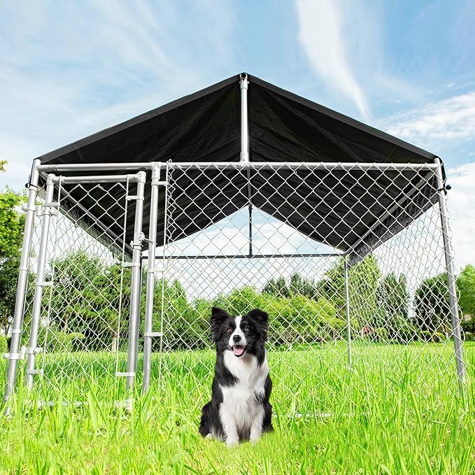 6.8x6.8ft Large Dog Kennel Outdoor, Heavy-Duty Outside Dog Kennel with Roof, Security Latch-Lock Door, Chain-Link Dog Enclosure Dog Run for Yard with Cover
