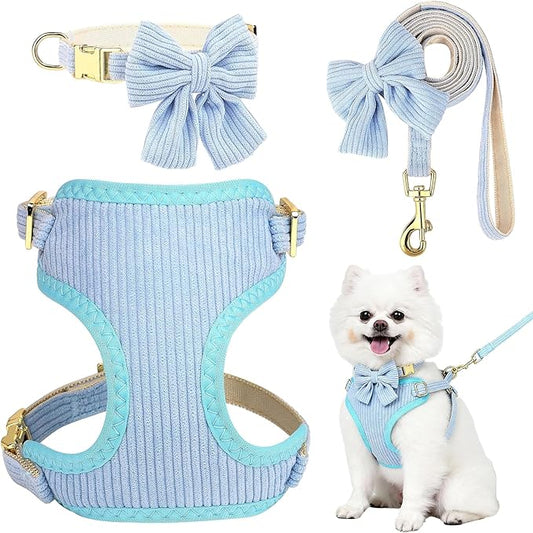 Small Dog Collar Harness and Leash Set, Dog Harness no Pull with Bowtie, Breathable Cotton Adjustable Pet Puppy Harness, Easy Walk Dog Harness, M(16-21")