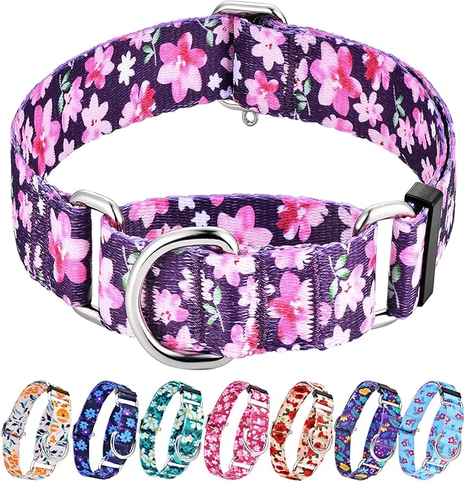 Hikiko 1.5 inch Martingale Collar with No Buckle Heavy Duty Cute Floral Dog Collars for Medium Large Dogs,Japanese Purple