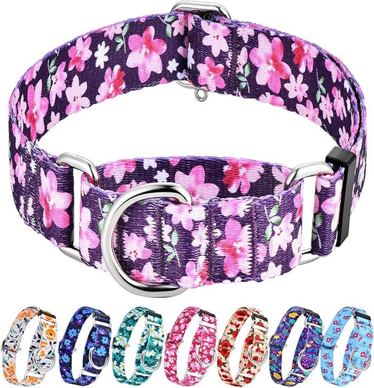 Hikiko 1.5 inch Martingale Collar with No Buckle Heavy Duty Cute Floral Dog Collars for Medium Large Dogs,Japanese Purple