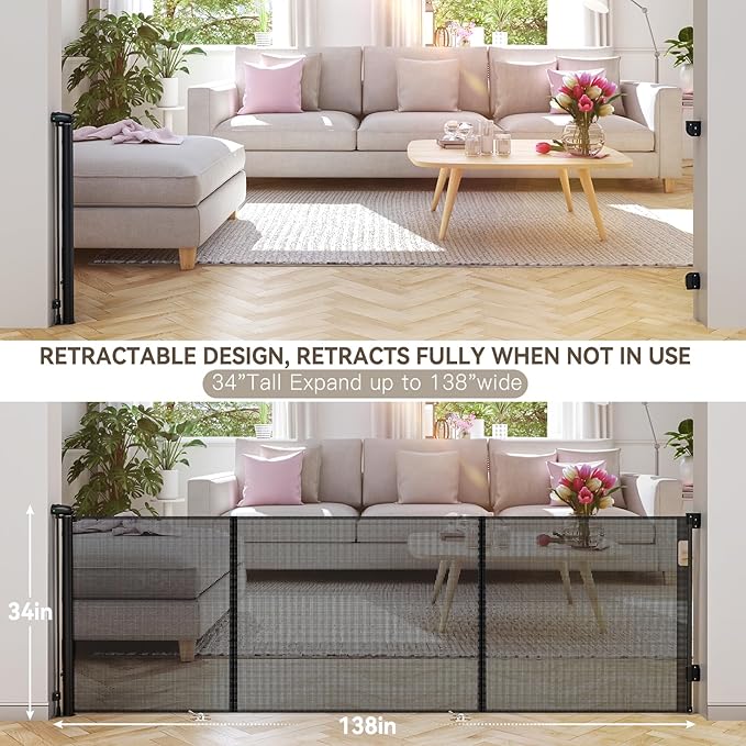 Uamector 138-Inch Extra Wide Retractable Baby Gate & Dog Gate, Reinforced Mesh Safety Gate Adjustable for Large Openings - Stairs, Doorways, Hallways - Indoor/Outdoor Use