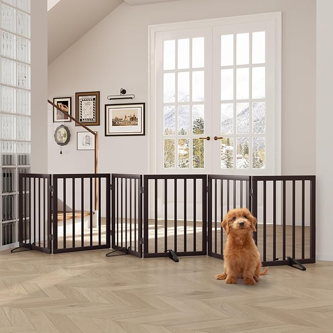 Semiocthome Bamboo Dog Gates for The House Extra Wide, 6-Panel Freestanding Pet Gates with 4PCS Metal Stands for Doorways and Stairs, 24“H Foldable Dog Fences Indoor, Expands Up to 110" (W) Espresso