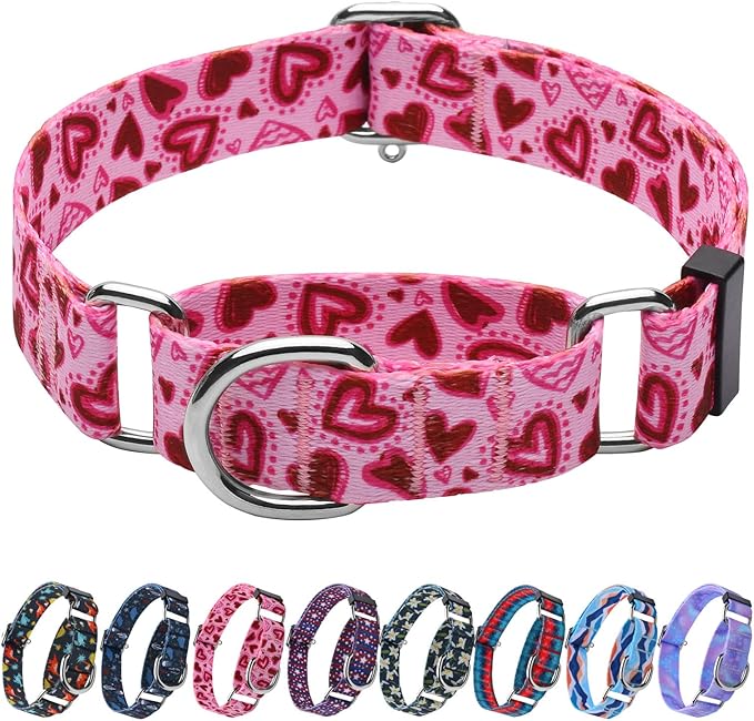 Hikiko Pink Heart Martingale Dog Collar with No Buckle Pretty Cute Valentines Dog Collar for Medium Dogs,Love,M