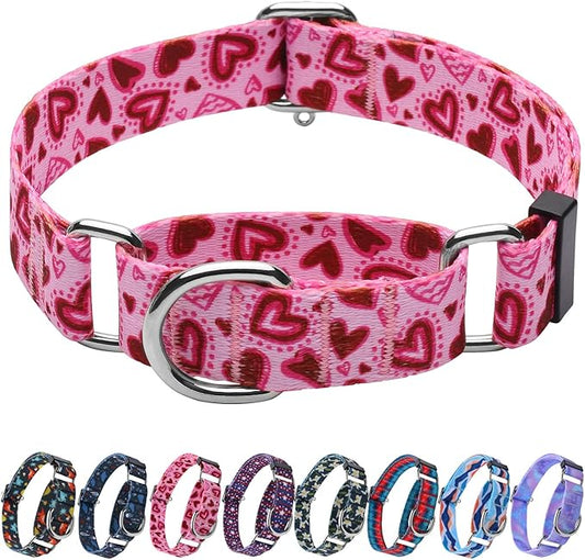 Hikiko Pink Heart Martingale Dog Collar with No Buckle Pretty Cute Valentines Dog Collar for Small Dogs,Love,S