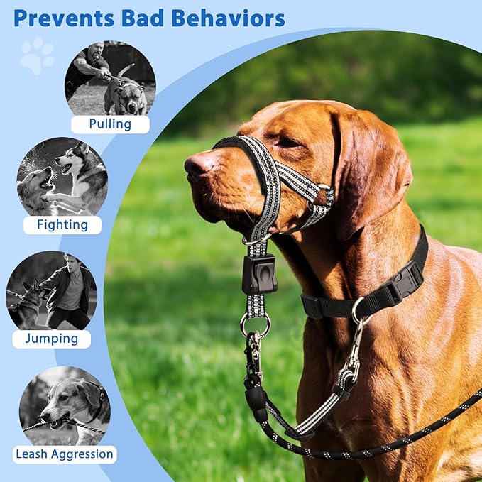 BARKLESS No Pull Dog Head Collar for Gentle Training Walking, Soft Padded Head Halter with Collar Safety Clip, Comfortable Fit Muzzle Leash with Reflective Strap for Medium Large Dog (Grey, L)