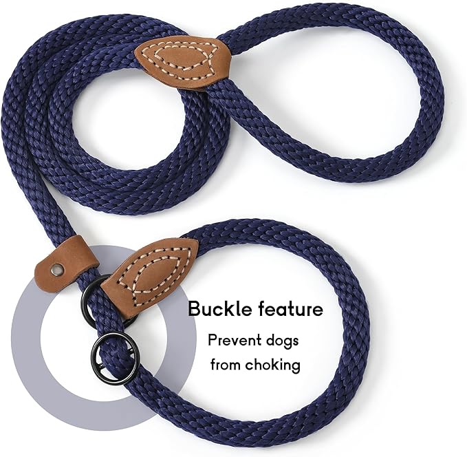 Mile High Life Slip Leads for Dogs | Heavy Duty Dog Training Leash | 6 Feet No Pull Slip Leashes w Leather Tip | Navy Rope Lead for Dogs Outside