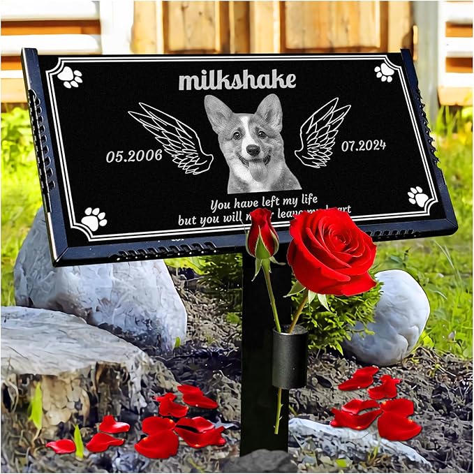 Generic Personalized Pet Memorial Stones,Dog Headstones, Cat Tombstone Outdoor, Black Granite Memorial Garden Stone Engraved with Photo, Pet Headstone Sympathy Gifts (for Pets) (Dog-2)