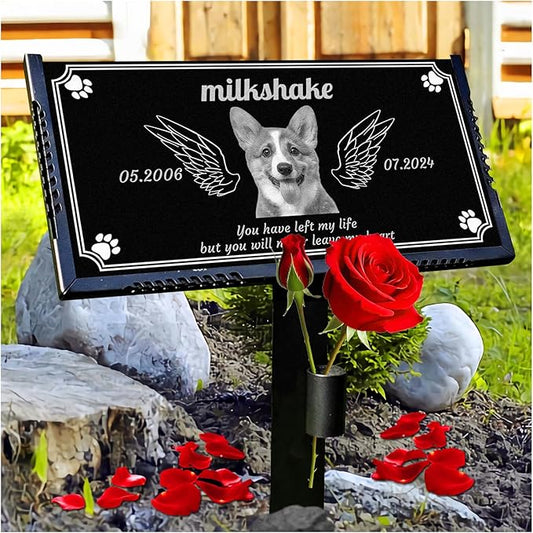 Generic Personalized Pet Memorial Stones,Dog Headstones, Cat Tombstone Outdoor, Black Granite Memorial Garden Stone Engraved with Photo, Pet Headstone Sympathy Gifts (for Pets) (Dog-2)