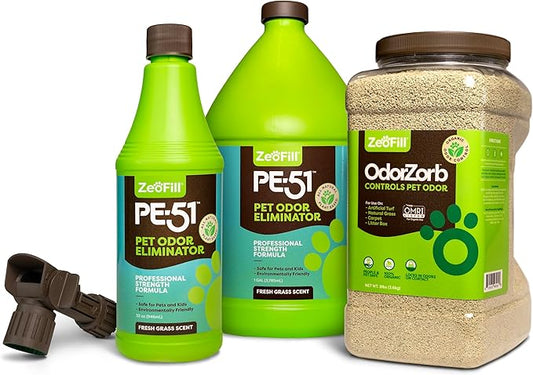 Zeofill® Artificial Turf Cleaner & Pet Odor Eliminator Premium Bundle – 8LBS OdorZorb, 1 Gal PE-51, 32oz PE-51 w/Nozzle – for Turf, Grass, Litter Box – Organic & Natural