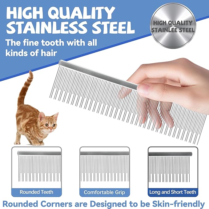 Professional 7.5 In Dual Tooth Pet Grooming Comb for Long-Haired Cats and Dogs, Metal Dematting Tool for Tangles, Knots, Undercoat and Excess Hair, Rounded Corners for Safe Deshedding and Detangling