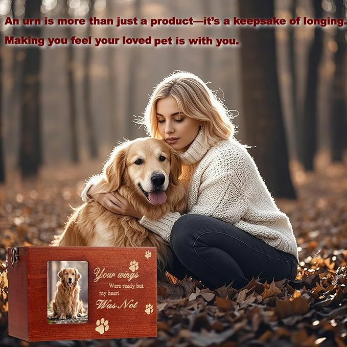 Pet Urns for Dog or Cat Ashes Sets Pet Cremation Urns Medium Wooden Keepsake Memory Box with Photo Frame with Black Flannel Lining Rainbow Bridge Keepsake Loss Pet Memorial Remembrance Gift