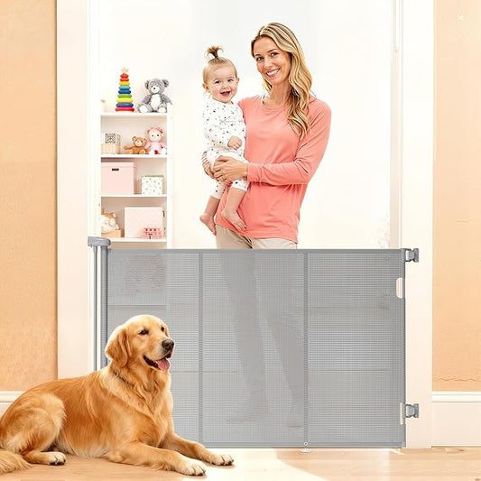 Retractable Baby Gate for Stairs, 42" Tall X 59" Wide Mesh Dog Gate Indoor, Child Gate for Doorways, Hallways, Deck, Indoor Outdoor Pet Baby Safety Essentials for Home, Gray
