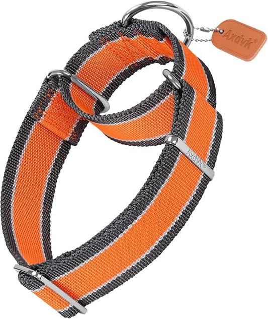 Martingale Collar 1.5 Inch Wide 1600D Extra Strong Anti Escape Nylon Dog Collar, No Pull Heavy Duty Pet Collars with 3-Color Stripe for Large to XLarge Dogs (XL, Orange & Gray)