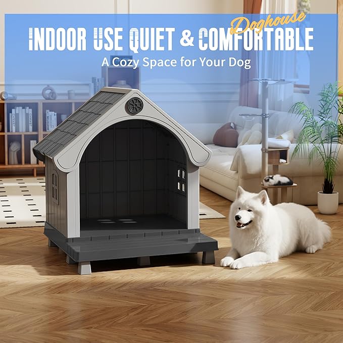 DRATO Large Dog House Outdoor Indoor, Sturdy Plastic Waterproof Doghouse with Air Vents and Elevated Floor, Easy Clean & Assemble for Medium Large Dogs (Black, 33" L×31.5" W×38" H)