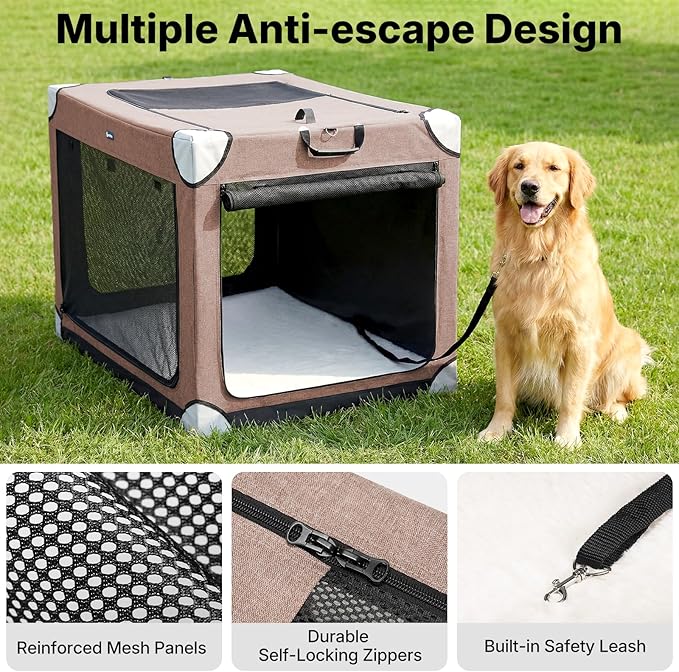 Veehoo Large Dog Crate for Indoor Outdoor, Portable Collapsible Travel Dogs Crate, 36 Inch Soft Foldable Pet Kennel with 4-Door Mesh Windows