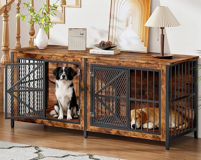 71 Inch Double Dog Crate Furniture for 2 Dogs, Wooden Dog Crate End Table for Medium/Large Dogs, Dog Kennel Furniture with Divider & Double Metal Doors, Rustic Brown and Black TGW02BF