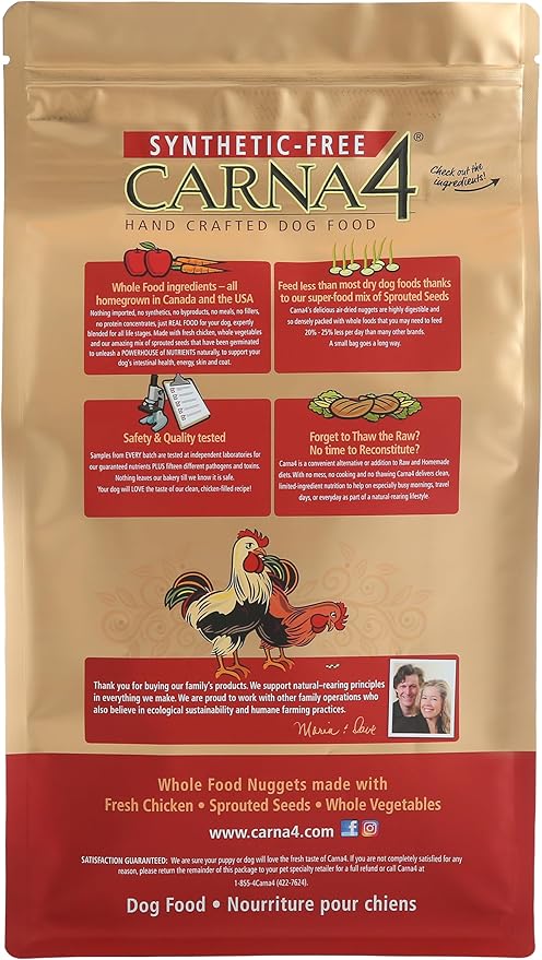 CARNA4 Air Dried Dog Food, Chicken Recipe, Quick Baked Whole Food Nutrition with Sprouted Seeds, Natural Probiotics & Enzymes, No Synthetics - 22 Pound