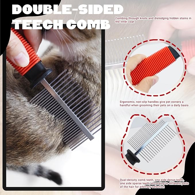 3-Pack Long-Tooth Pet Brush Set - Dog Rake Brush & Steel Shedding Comb & Double-Sided Teech Comb for Double Coat Large Dogs, Horses