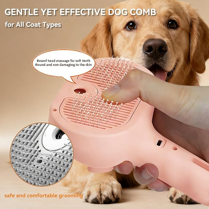Dog Steam Brush 3-in-1 Spray Bath Brush for Dog and Cat, Pet Hair Removal Comb for Long & Short Haired Pets, Self Cleaning Grooming Brush Can Help to Comb a Pet's Fur and Remove Fleas Pink