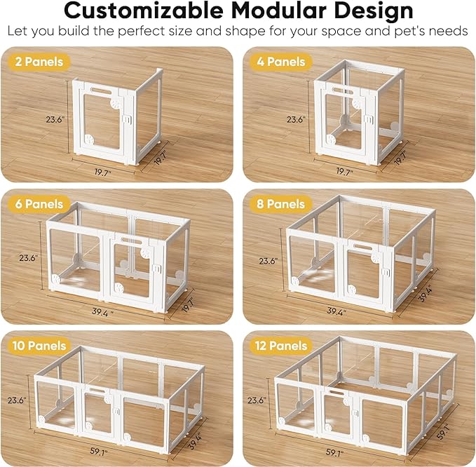 Clear Acrylic Dog Play Pen Indoors, Transparent Puppy Playpen with Door for Small Dogs Puppies, Modular Plastic Pet Playpen Cage Fence Crate for Cat Kitten Rabbit (White, 24 Inch Tall - 2 Panels)