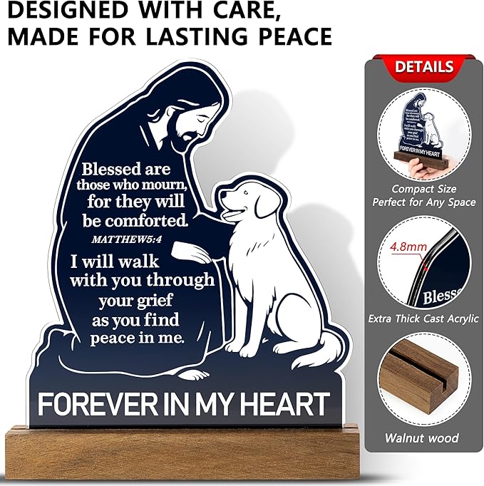 Dog Memorial Gifts for Loss of Dog – Exclusive Jesus Comforting Dogs Figurine with Bible Verse Matthew 5:4, Unique Pet Loss Sympathy Gifts, Pet Remembrance Keepsake with Walnut Wood Base for Dogs Memory Gift 6.7 x 5.9 Inch