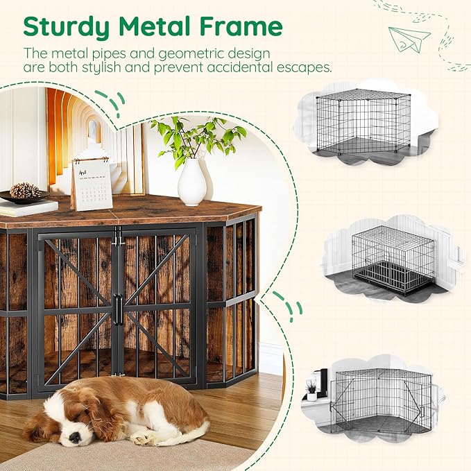 44" Corner Dog Crate Furniture, Corner Dog Kennel Furniture with X-Design Metal Frame, Corner Dog Crate TV Stand for Medium Dogs, Pet Crates Corner End Table, Rustic Brown and Black TGW03BF