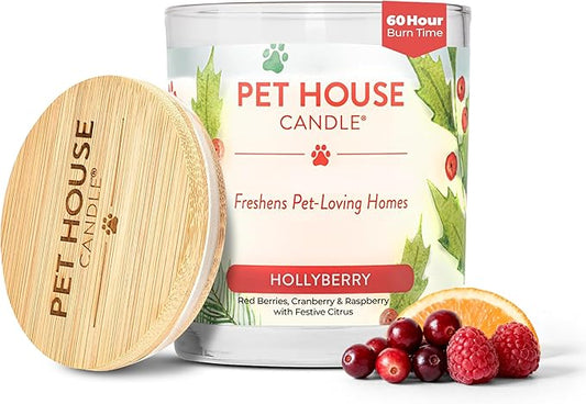 One Fur All Pet House Candle Plant-Based/Soy - Clean Burning Scented, Long Lasting Pet Odor Candle for Home - Hollyberry
