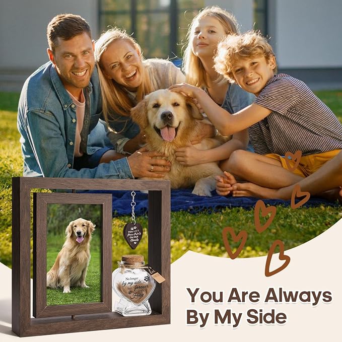 Dog Memorial Gifts for Loss of Dog – Rotating Wooden 4x6 Picture Frame with Fur Keepsake Jar & Writable Name Card, Pet Remembrance Sympathy Gift for Dog & Cat Lovers (Brown)