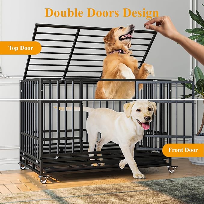 48 Inch Heavy Duty Dog Crates, Escape Proof Dog Cage Large Dogs with Wheels, Indestructible Steel Dog Cage with Upgraded Reinforced Baseplate for High Anxiety Dogs, Dog Kennel Indoor Outdoor
